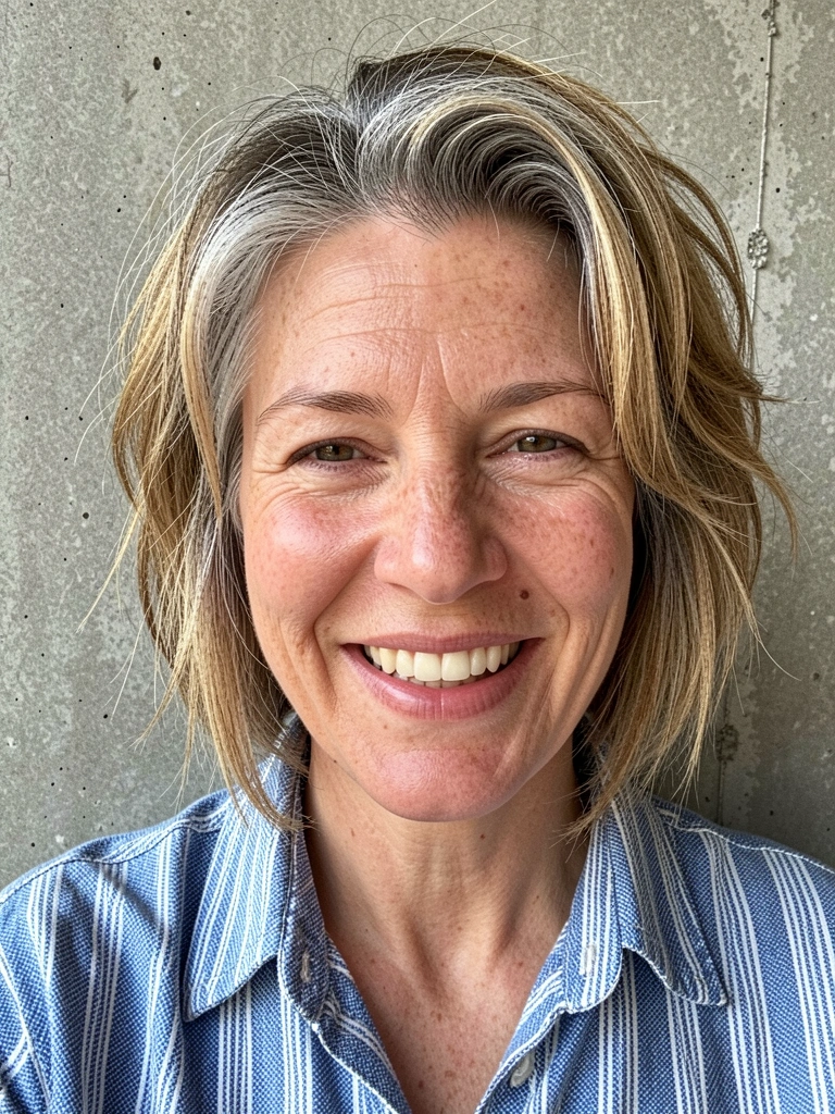Mulher sorrindo com cabelo curto repicado, mechas grisalhas e loiro mel, camisa listrada azul e branca, fundo de parede de concreto.