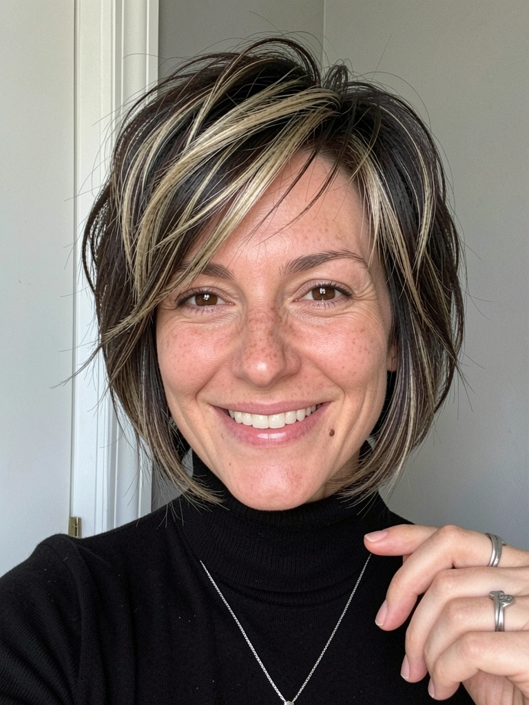 Mulher de cabelo curto repicado, loiro e castanho, sorrindo com olhos levemente fechados, usando gola alta preta e colar de prata, fundo de parede cinza e porta branca.