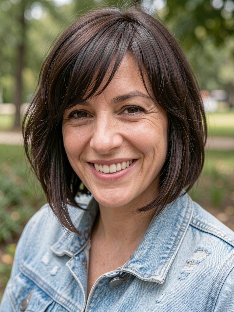 Mulher de cabelo curto assimétrico e franja longa, sorrindo com expressão natural, usando jaqueta jeans azul clara, em fundo desfocado ao ar livre.