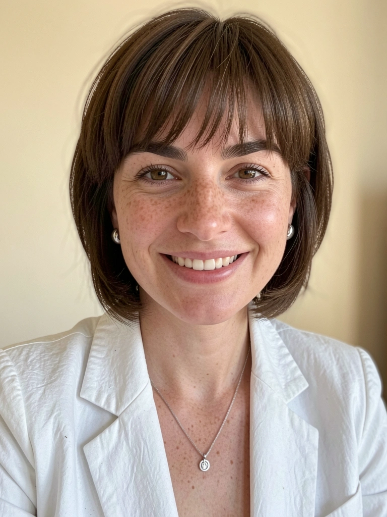 Mulher de cabelo castanho curto repicado, blazer branco, sorrindo em ambiente interno com luz natural.