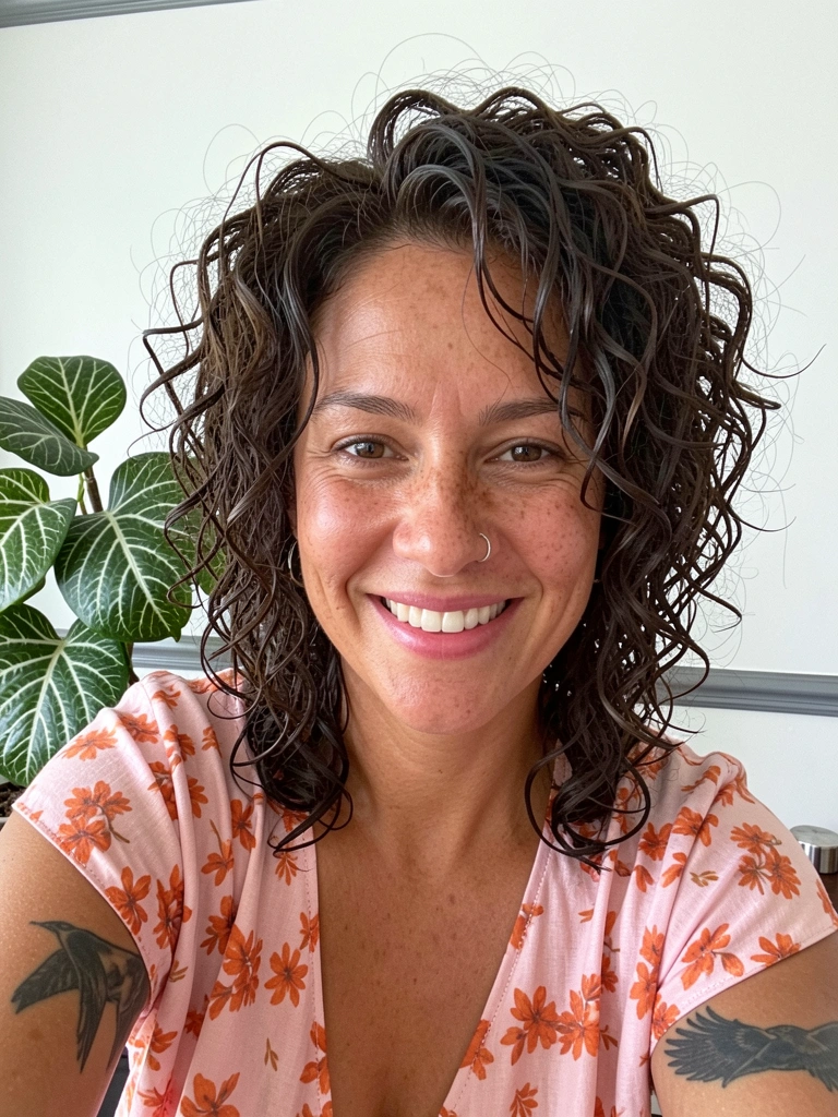 Mulher sorrindo com cabelo cacheado volumoso, brinco de prata, tatuagem de pássaro, planta ao fundo.