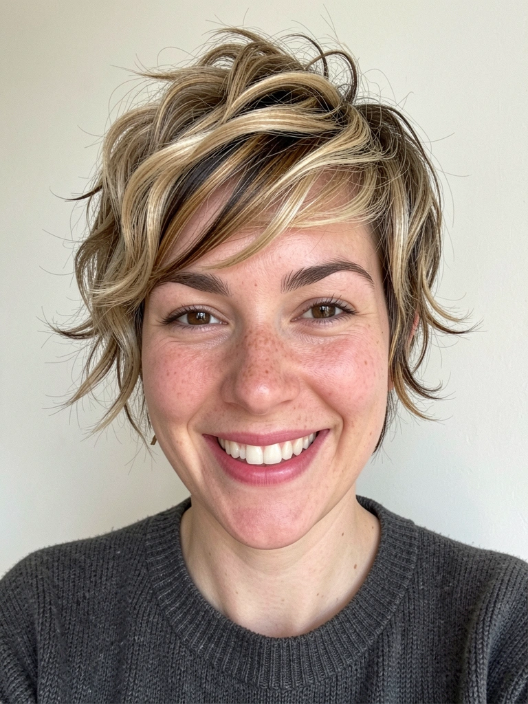 Mulher com cabelo curto repicado loiro e castanho, sorrindo, usando suéter cinza escuro, fundo claro.