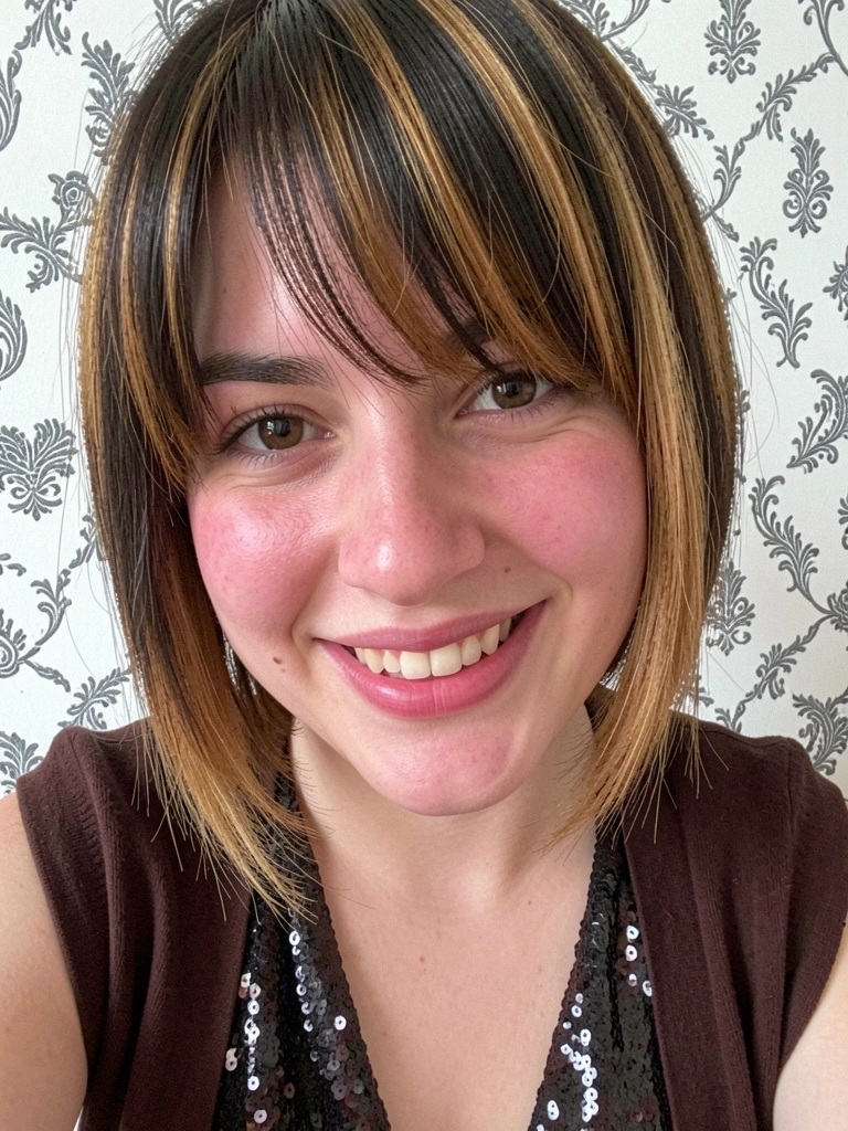 Jovem com cabelo curto repicado, raiz escura e mechas douradas, sorrindo com expressão natural, usando cardigã marrom e top com brilho, fundo claro com padrão cinza.