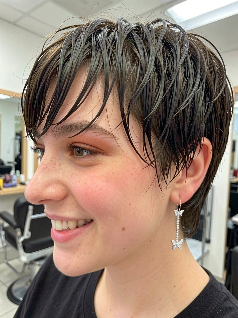 Jovem de cabelo curto repicado e franja, sorrindo com brinco de borboleta em salão de beleza.