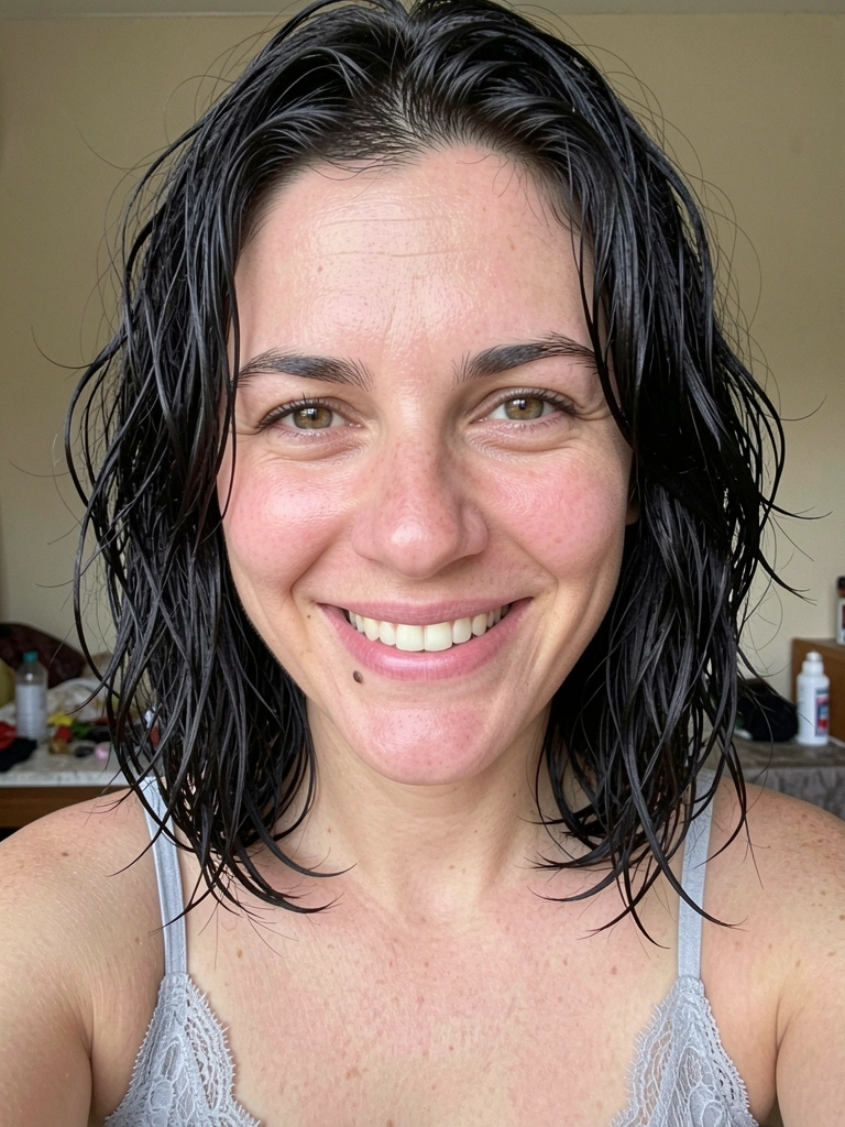 Mulher de cabelo castanho escuro ondulado na altura do queixo, sorrindo com camisola de renda cinza, luz natural suave.