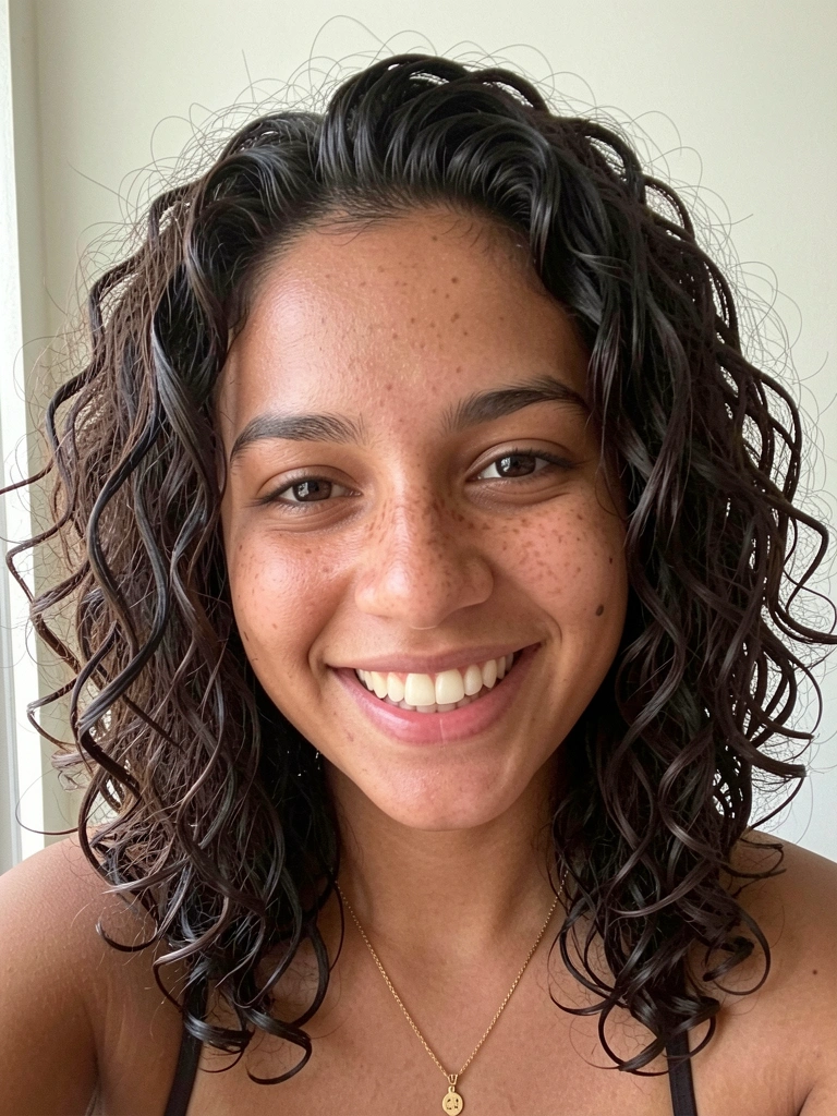 Jovem mulher com cabelo cacheado escuro e volumoso, sorrindo com expressão natural, usando colar dourado, fundo neutro desfocado.