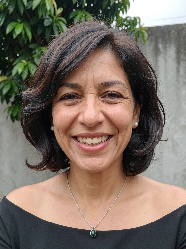 Mulher brasileira sorrindo, cabelo curto escuro ondulado, brincos de pérola, colar com pingente verde, fundo desfocado com árvore e muro.