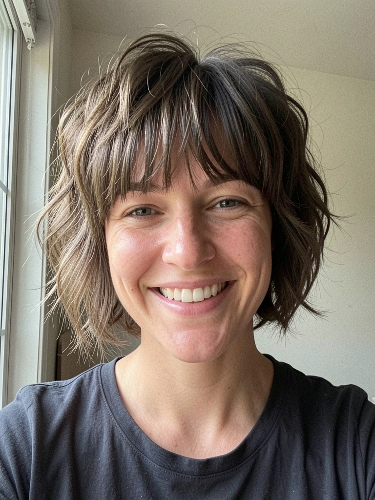 Mulher com cabelo curto shaggy e franja cortina sorrindo em luz natural de janela.