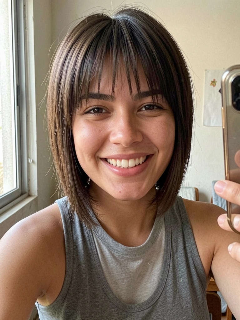 Jovem brasileira com cabelo curto e desconectado, sorrindo em foto espontânea com luz natural de janela.