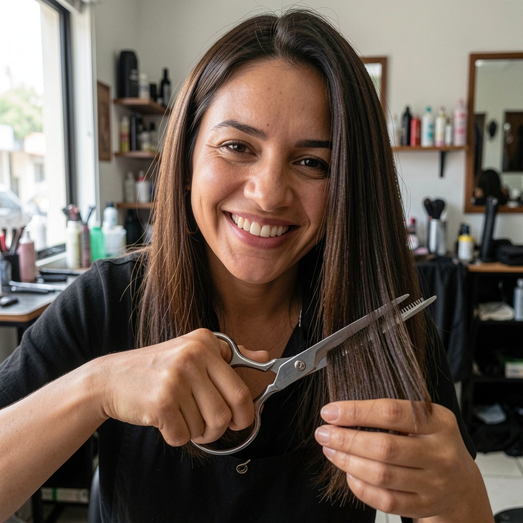 Cabeleireira sorrindo com tesoura de desbaste em mãos, cortando cabelo liso em salão iluminado por luz natural.