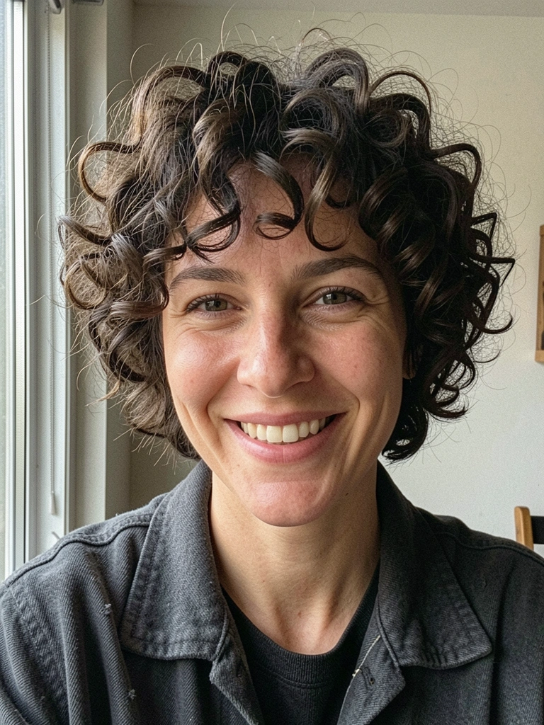Mulher com cabelo curto cacheado estilo shaggy, sorrindo naturalmente em foto espontânea com luz de janela.