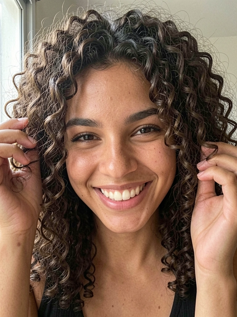 Jovem mulher sorrindo enquanto separa os cachos do cabelo com as mãos, luz natural de janela.