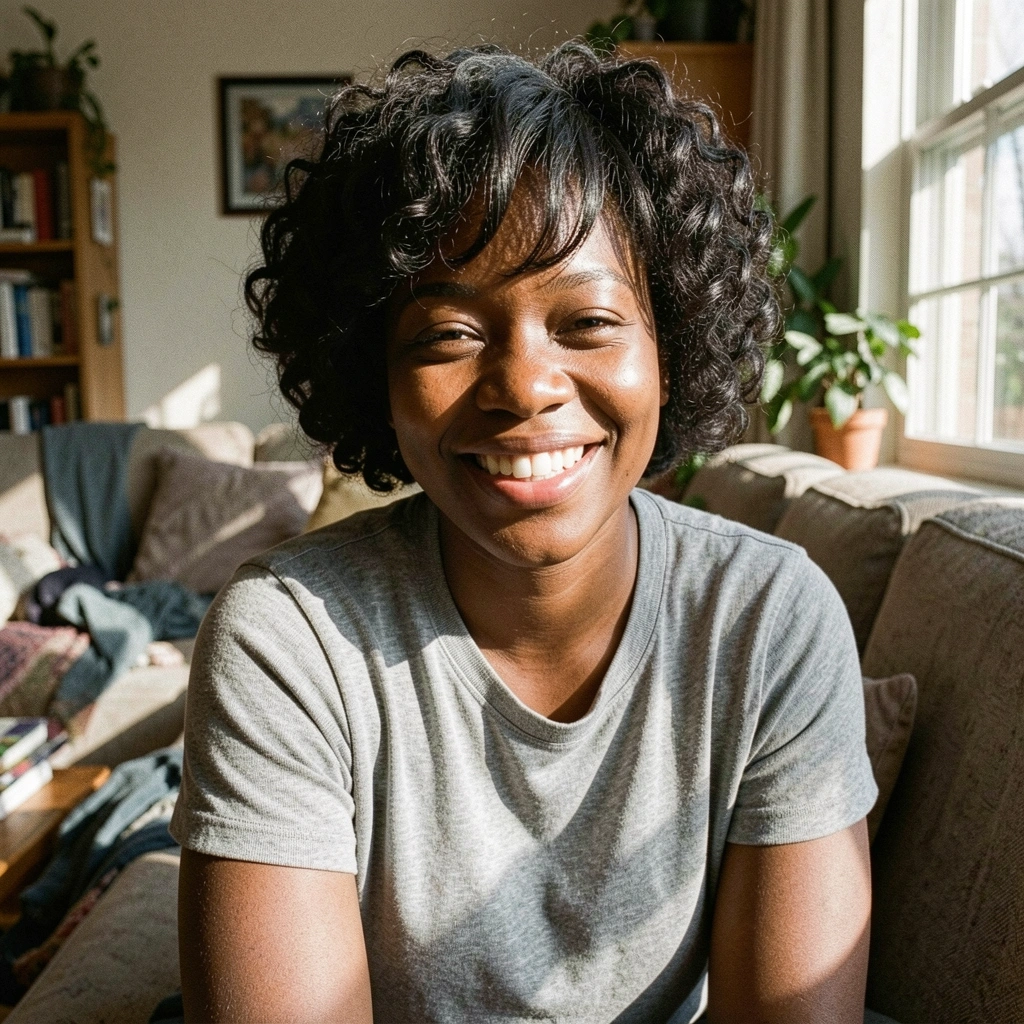 Mulher negra com cabelo cacheado curto e franja lateral sorrindo em sala iluminada por luz natural.