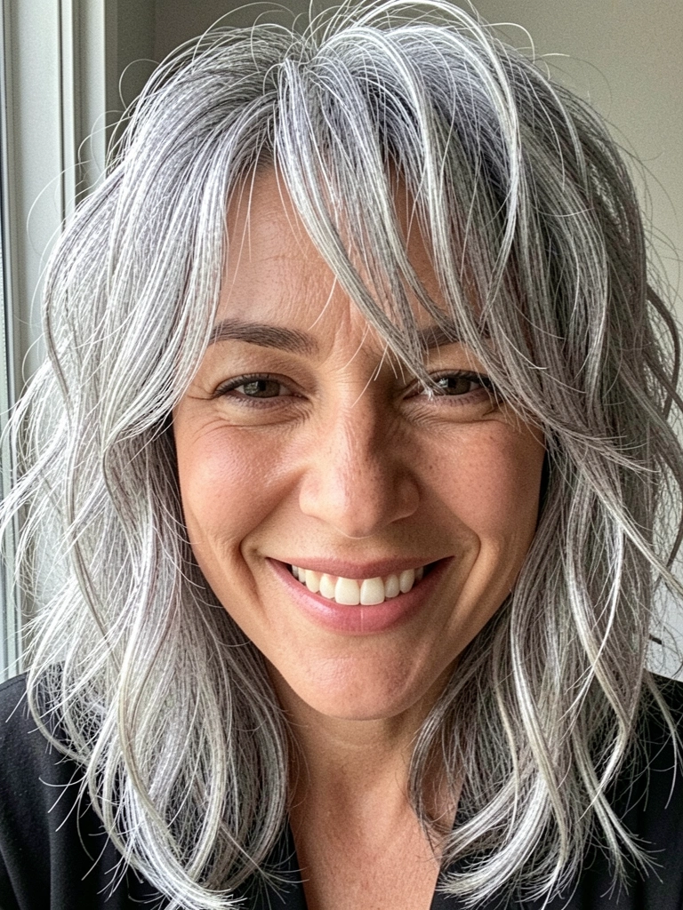 Mulher com cabelo grisalho cacheado e corte shaggy, sorrindo com luz natural de janela.