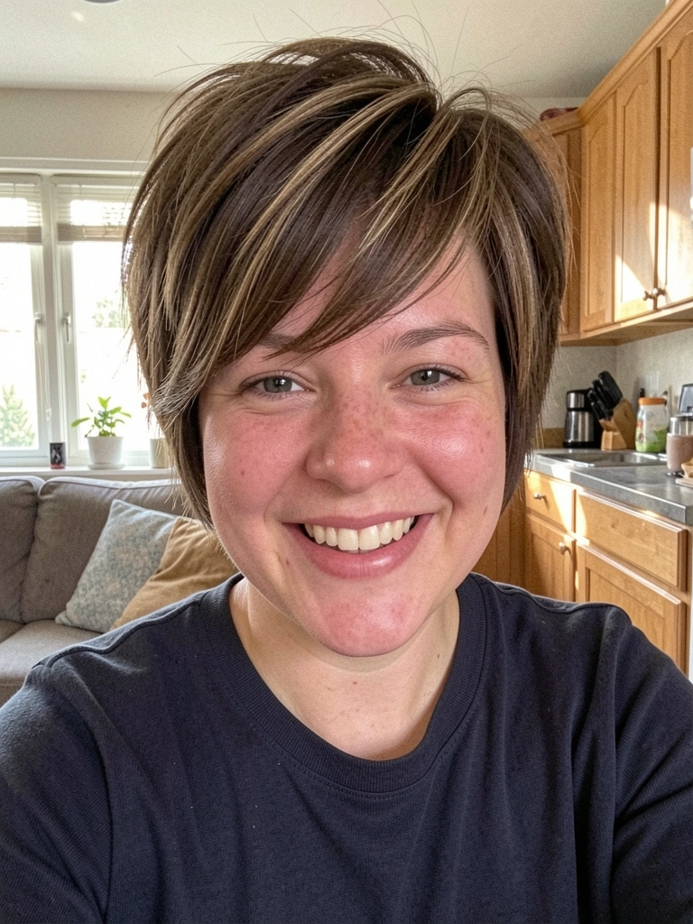 Mulher de rosto redondo com cabelo curto shaggy, franja lateral, sorrindo em ambiente interno com luz natural.