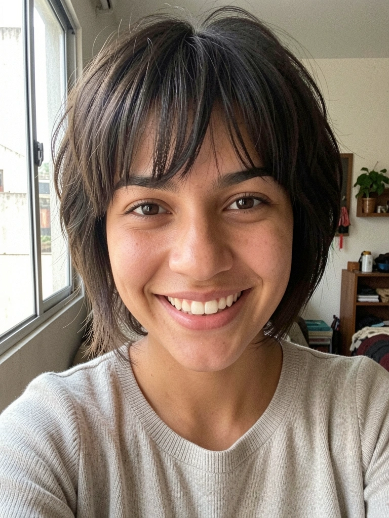 Jovem mulher brasileira com cabelo curto shaggy e franja baby, sorrindo naturalmente em ambiente interno com luz de janela.