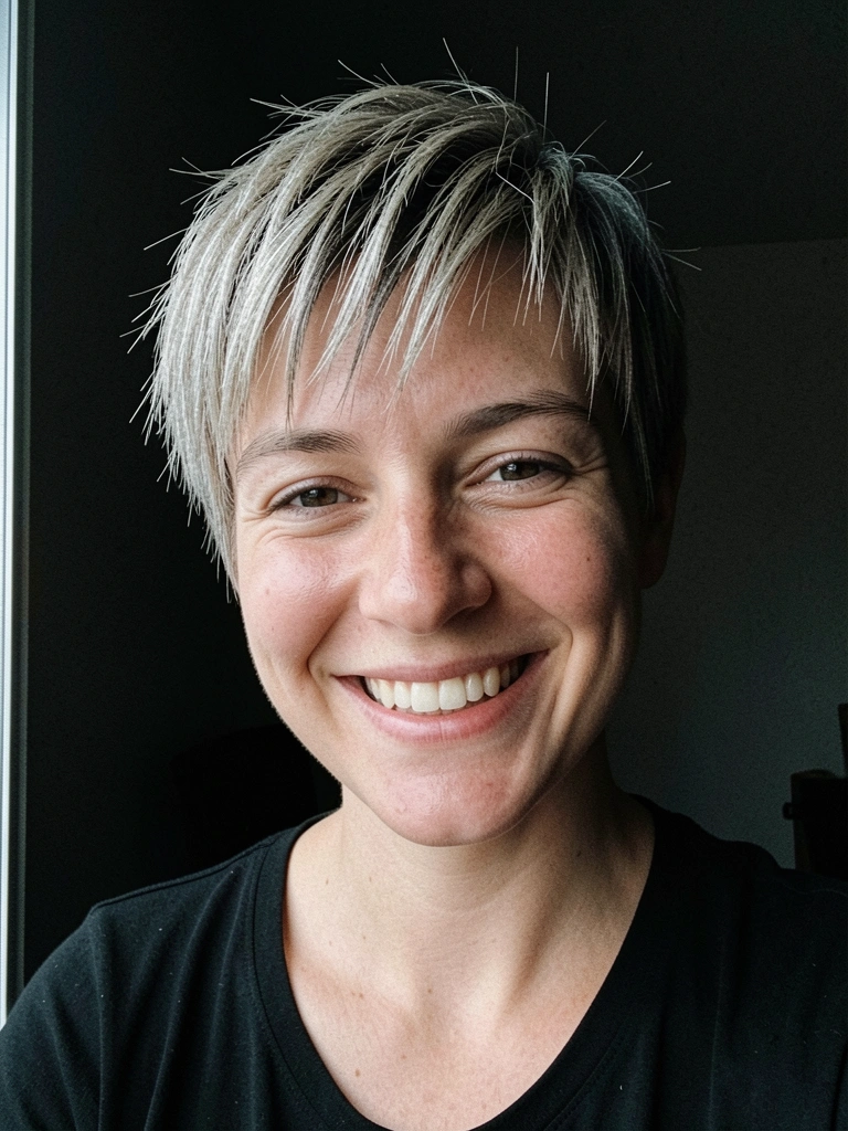 Mulher com cabelo curto e texturizado sorrindo em ambiente escuro.