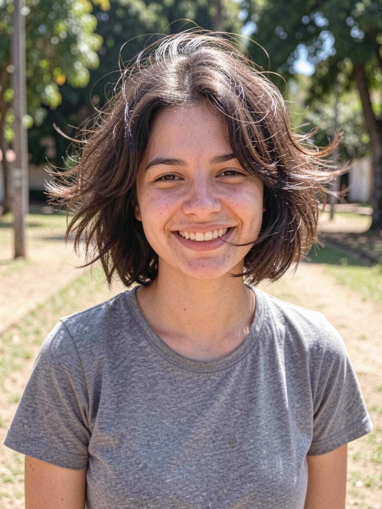 Jovem mulher com cabelo curto e bagunçado ao vento, sorrindo ao ar livre em dia ensolarado.