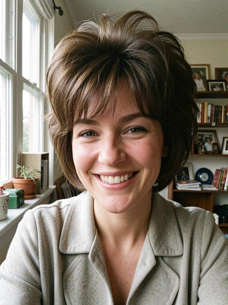 Mulher com cabelo curto shaggy e topete volumoso, sorrindo em foto espontânea com luz natural de janela.
