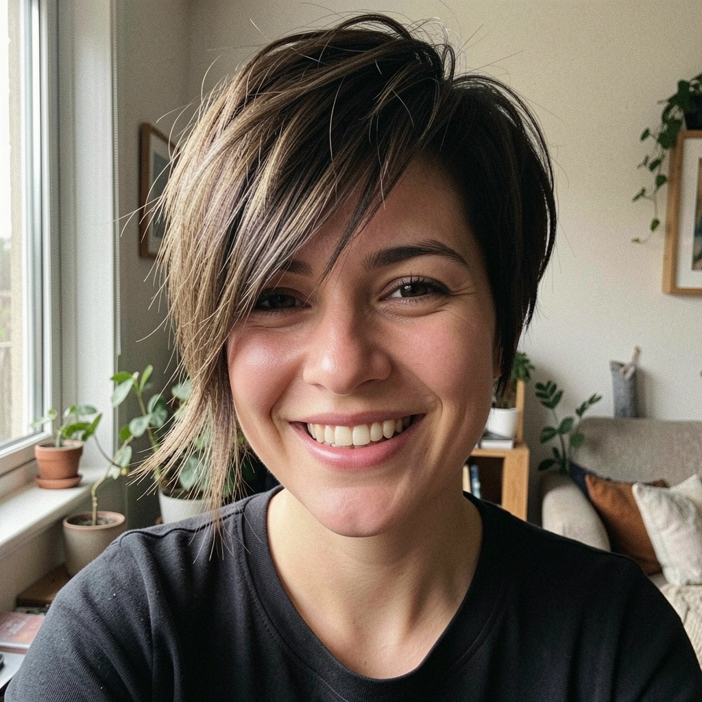 Mulher com cabelo curto assimétrico, sorrindo em ambiente interno com luz natural.