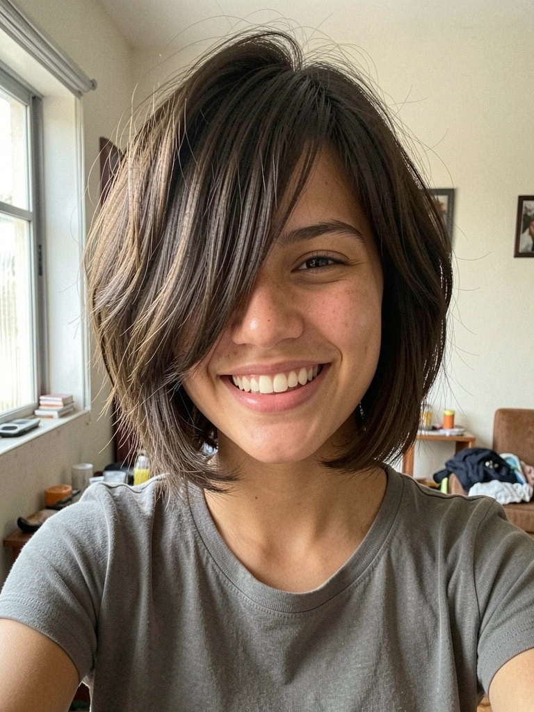 Jovem brasileira de cabelo curto e franja longa sorri em ambiente interno com luz natural.