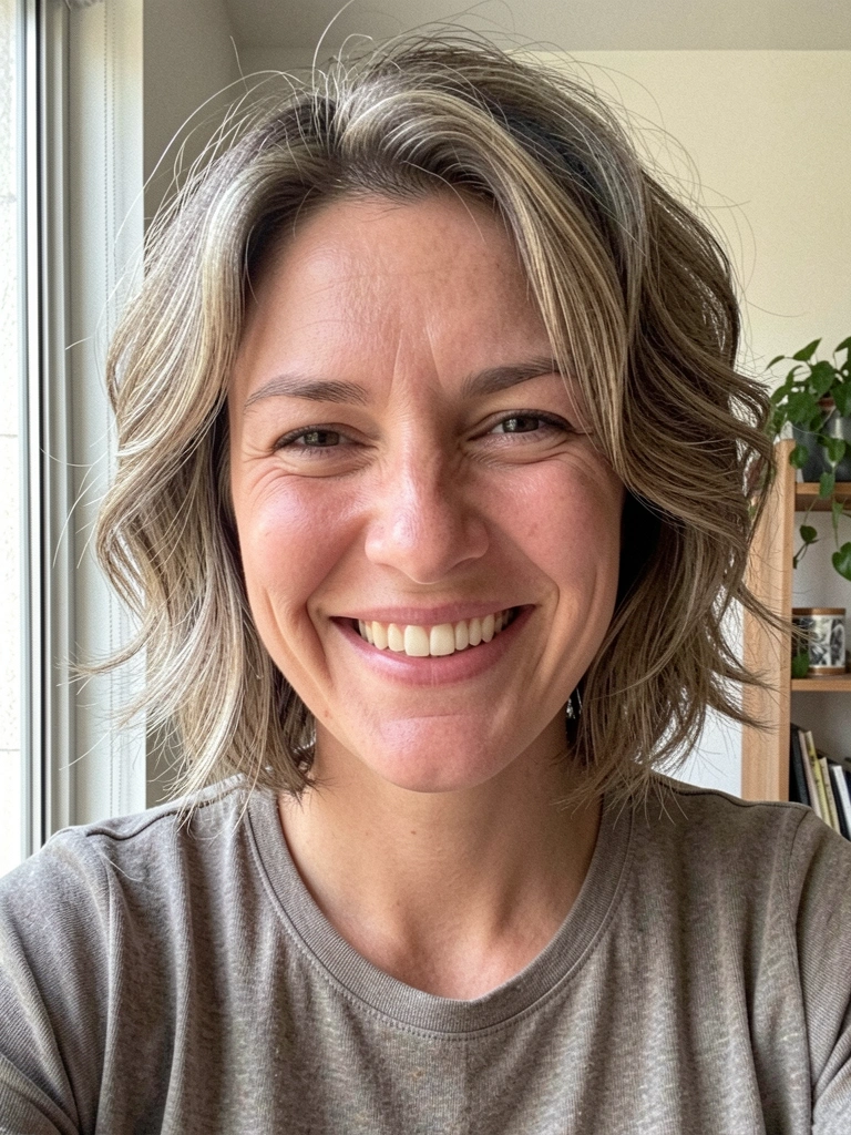 Mulher com cabelo curto ondulado em camadas, sorrindo com olhos semicerrados, luz natural de janela, foto espontânea de celular.