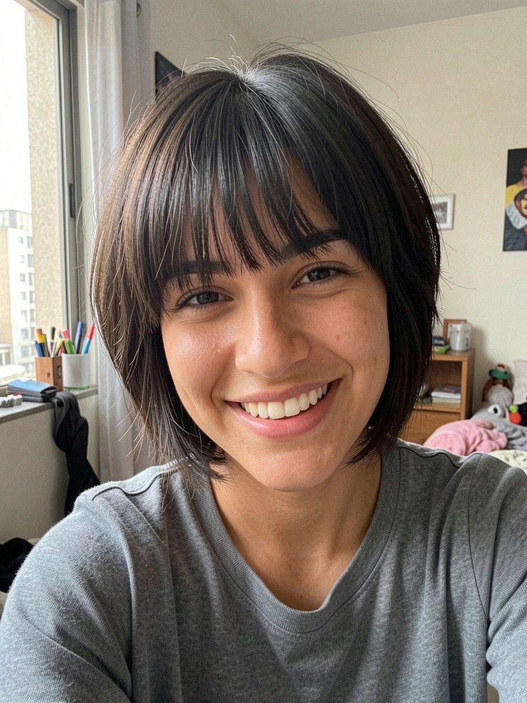 Jovem mulher brasileira com franja reta e cabelo curto e bagunçado, sorrindo naturalmente em ambiente interno com luz natural.