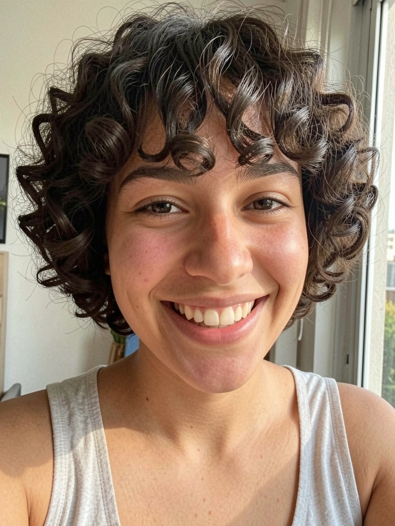 Jovem com cabelo cacheado curto e franja cortina sorrindo em ambiente iluminado por luz natural de janela.