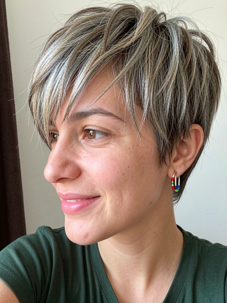 Mulher jovem com cabelo pixie alongado e franja desconectada cobrindo parte da testa, olhando para o lado, fundo neutro claro.