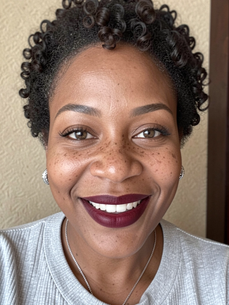 Mulher negra com cabelo cacheado curto, volume elevado no topo e laterais rentes, sorrindo.