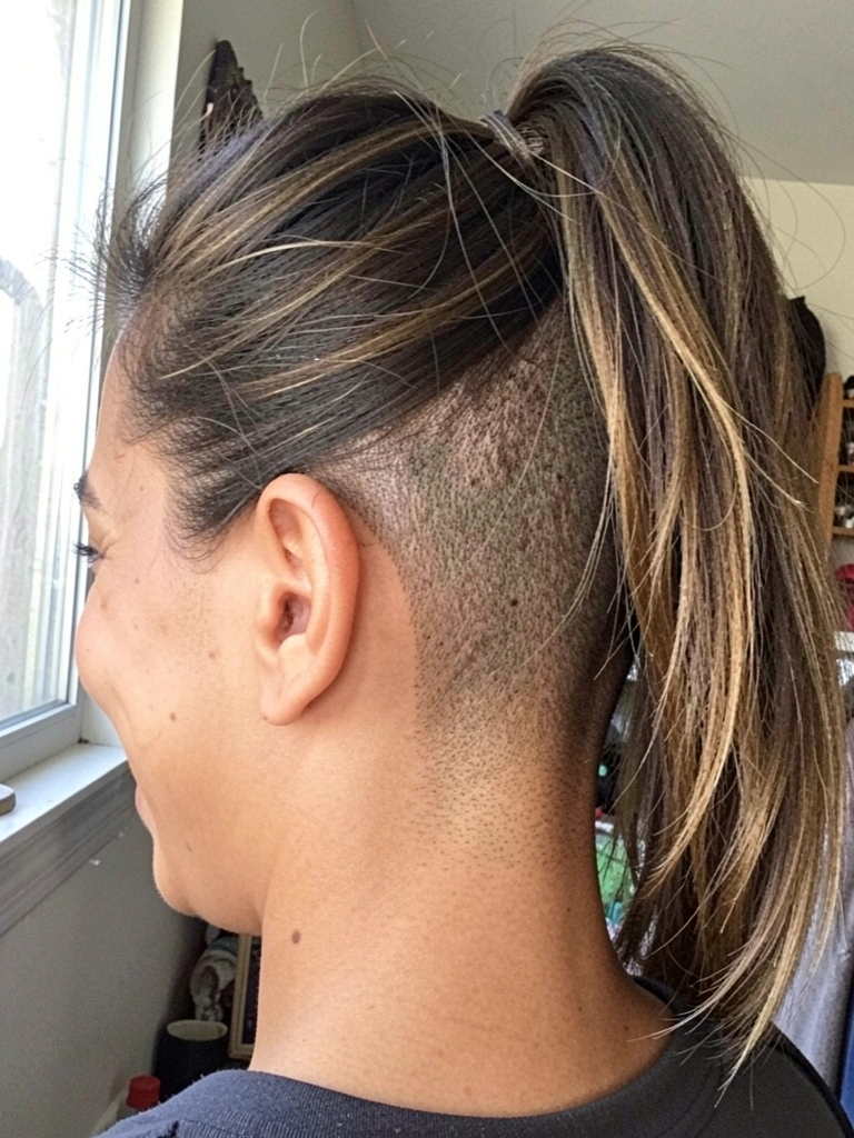 Nuca raspada com cabelo no topo mais longo, vista traseira de cabeça feminina.