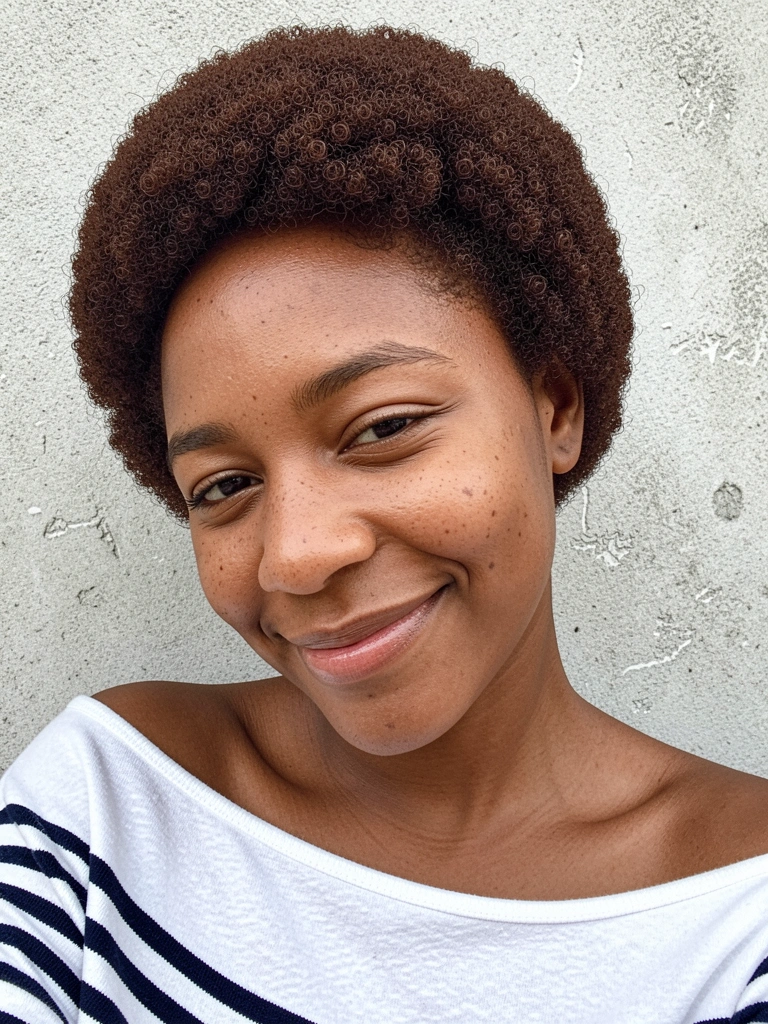 Mulher com cabelo crespo curto em formato arredondado e textura definida.