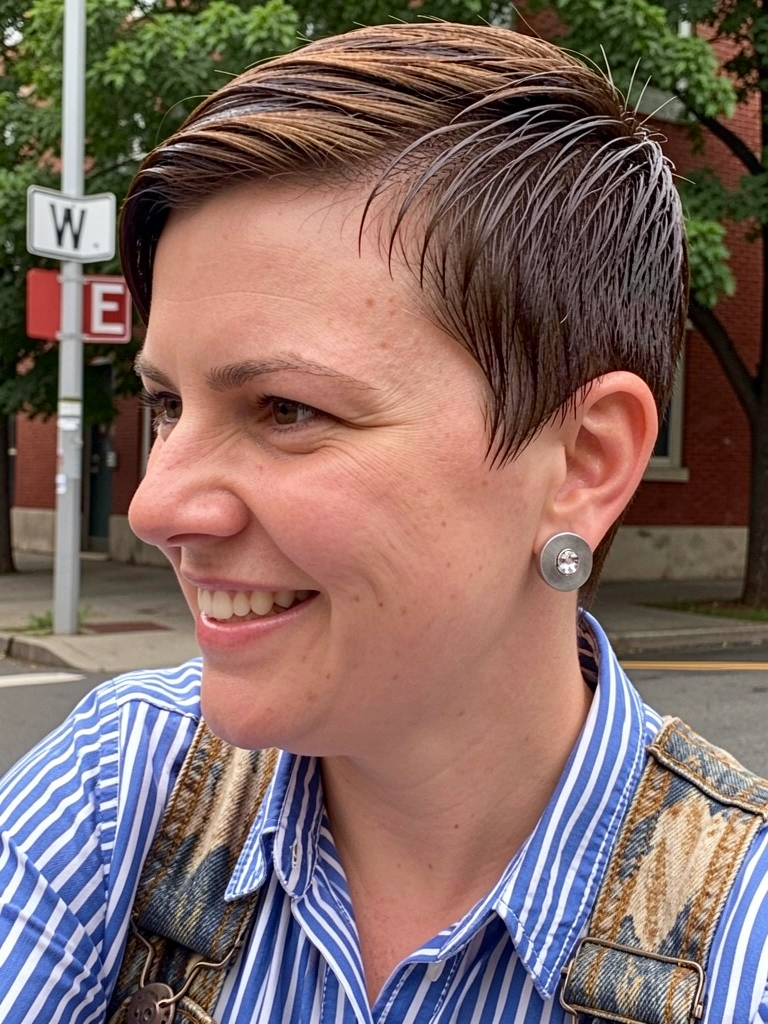 Mulher de rosto redondo com pixie cut, laterais raspadas e topo volumoso, orelhas à mostra.
