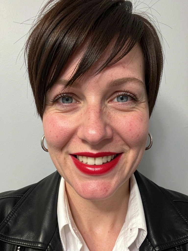 Rosto oval com cabelo pixie simétrico e franja curta reta, expressão neutra.