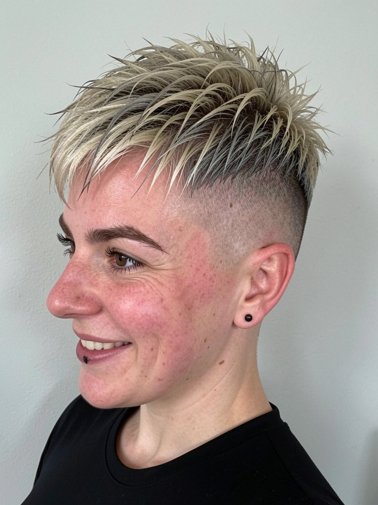 Mulher de costas com cabelo curto, topete alto texturizado e laterais raspadas.