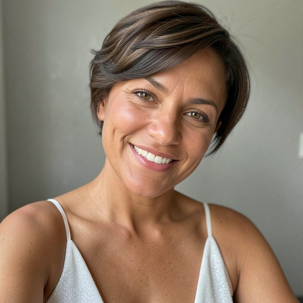 Lateral de cabeça com cabelo castanho escuro em degradê suave do curto ao longo.