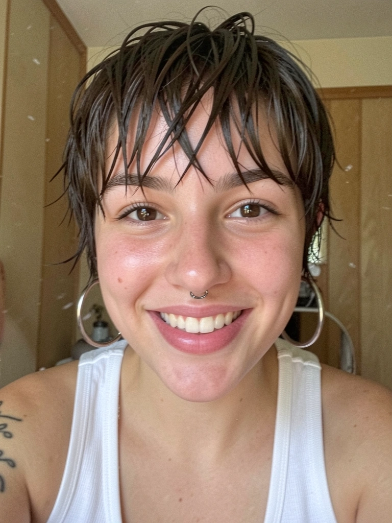 Fernanda Paes Leme sorri com cabelo pixie curto e texturizado, fundo desfocado.