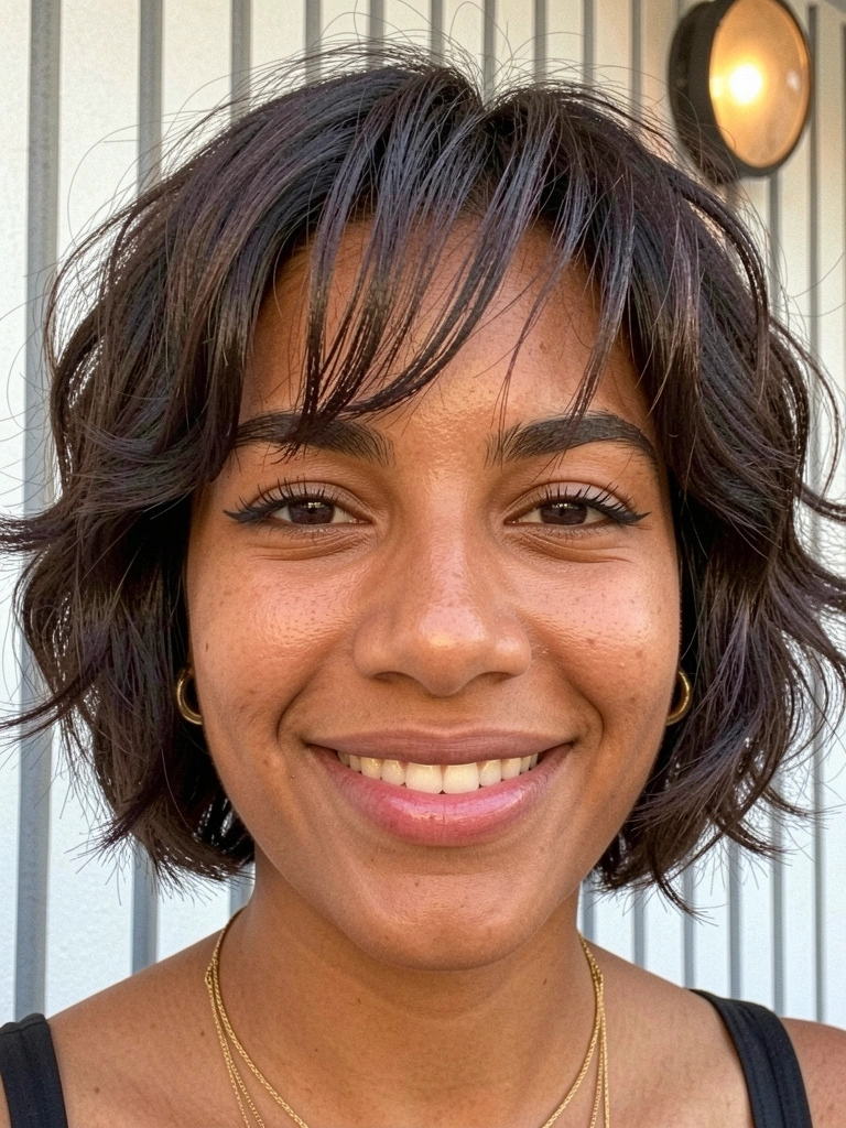 Mulher com cabelo ondulado curto ao ar livre, fios bagunçados ao vento.