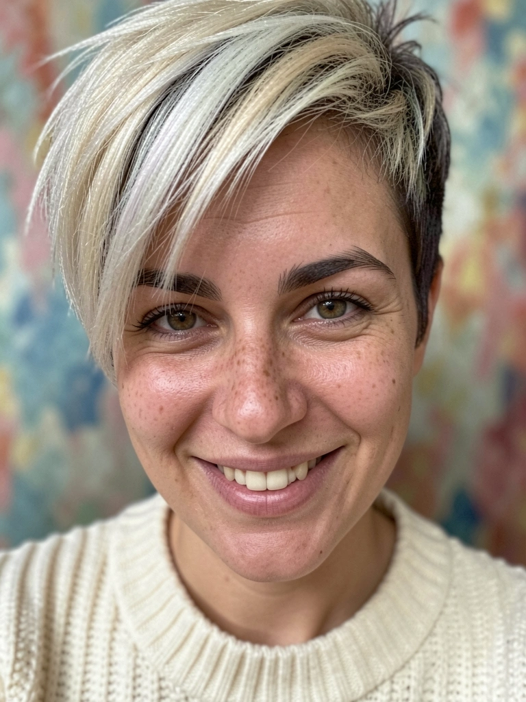 Cabelo curto estilo pixie com mechas loiras platinadas e laterais escuras, fundo colorido.
