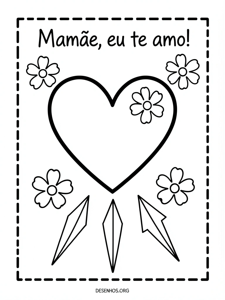 Cartão em branco com moldura de corações e flores, lápis de cor ao lado.