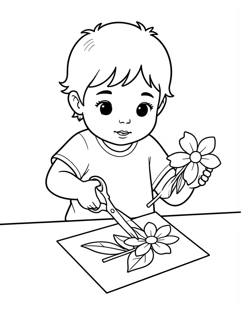 Criança pequena recortando desenho de flor com tesoura sobre papel colorido.