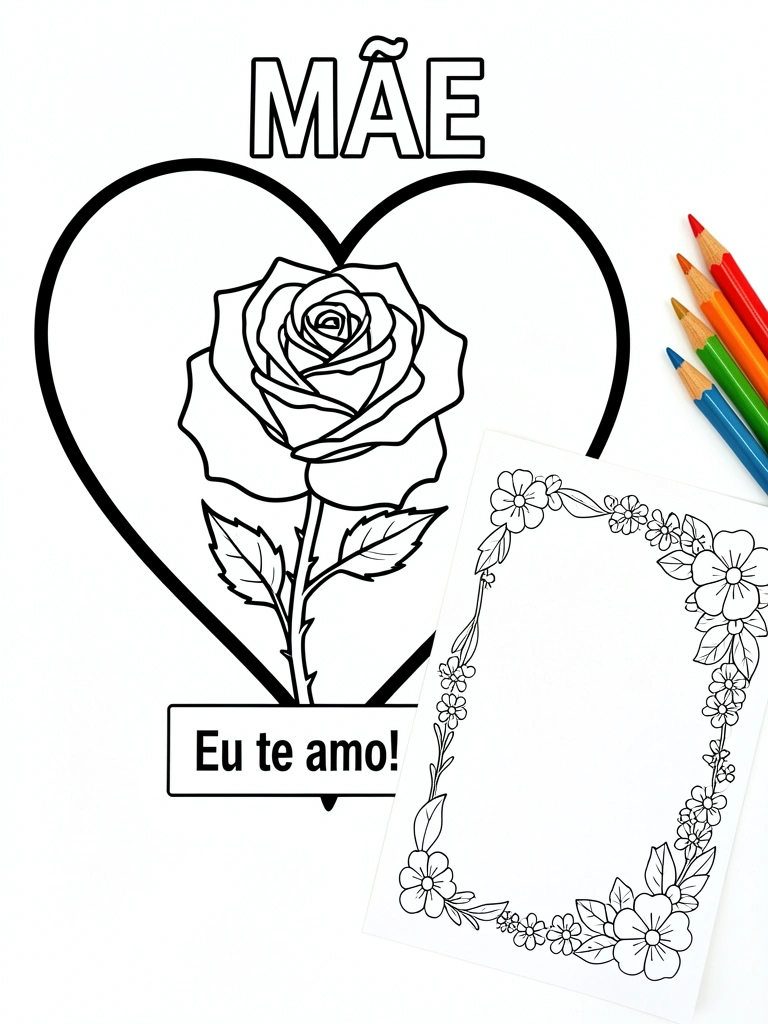 Cartão em branco com moldura de corações e flores, lápis de cor ao lado.
