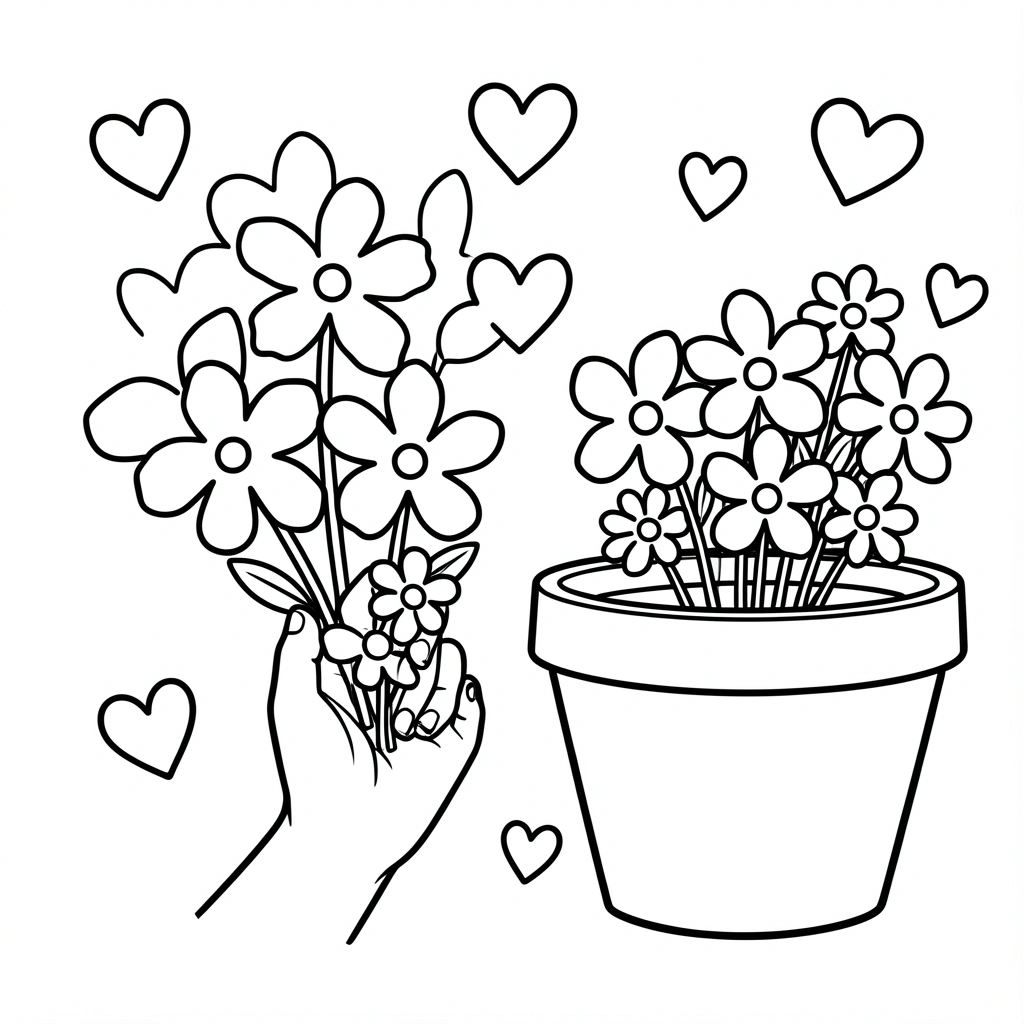 Desenho preto e branco de um vaso com flores e corações, parcialmente colorido por uma criança.