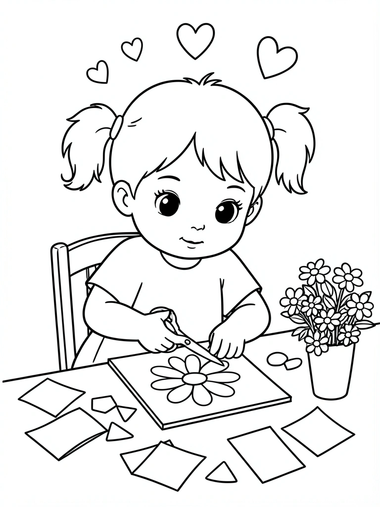 Criança pequena recortando desenho de flor com tesoura sobre papel colorido.
