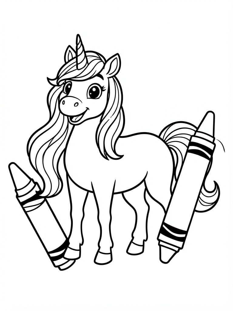 Desenho de unicórnio com crina longa e linhas nítidas, ao lado de giz de cera.