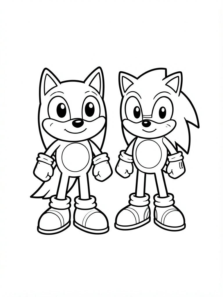 Desenho em preto e branco de Bluey e Sonic lado a lado em uma folha A4.