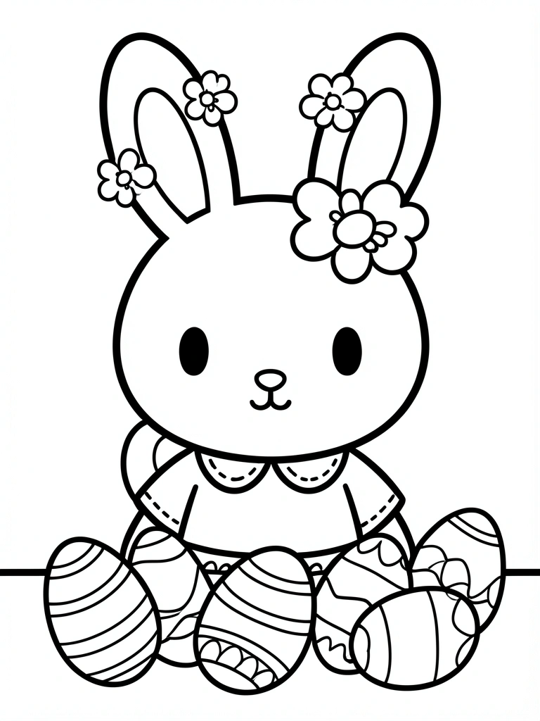 Desenho de coelho da Páscoa com ovos, em preto e branco, sobre uma mesa.