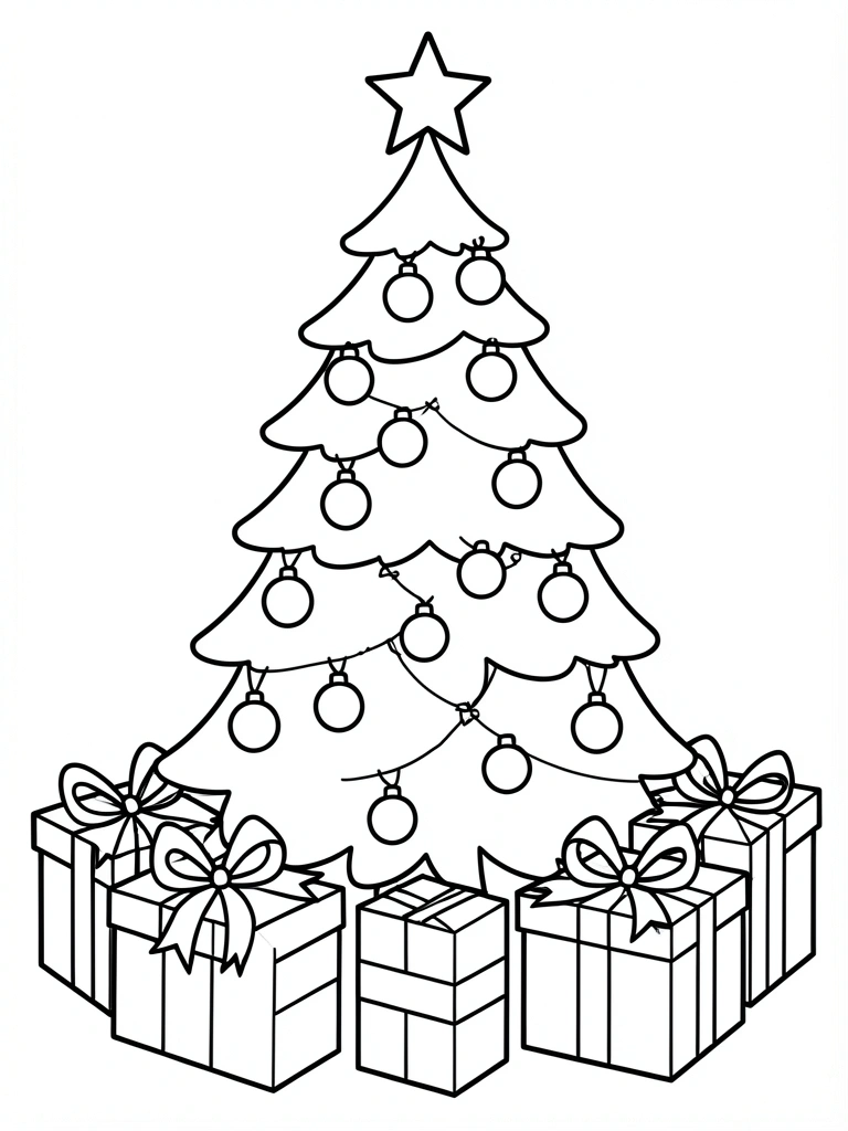 Desenho em preto e branco de árvore de Natal com presentes ao redor.