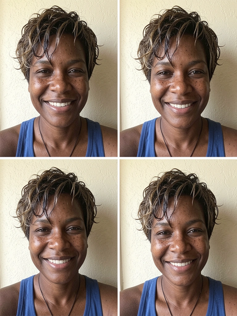 Mulher com cabelo cacheado na altura do maxilar, sorrindo, fundo neutro claro.