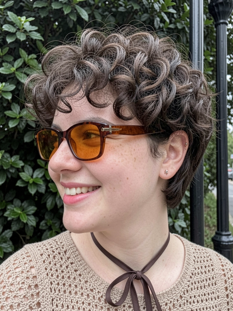 Rosto redondo com micro bob cacheado, camadas internas visíveis no cabelo.